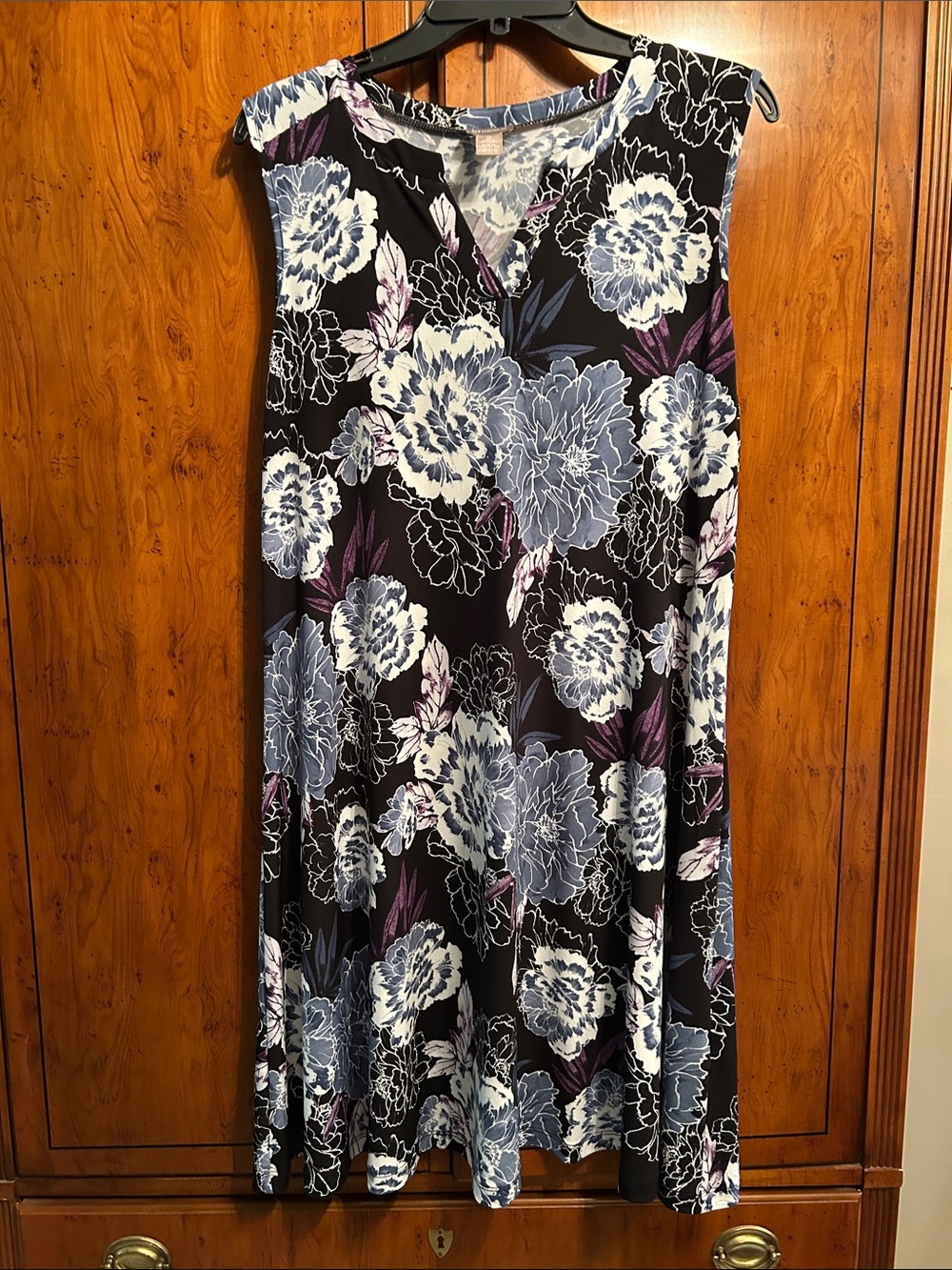 Chico's Black Midi Dress with Blue, White & Purple Floral Print